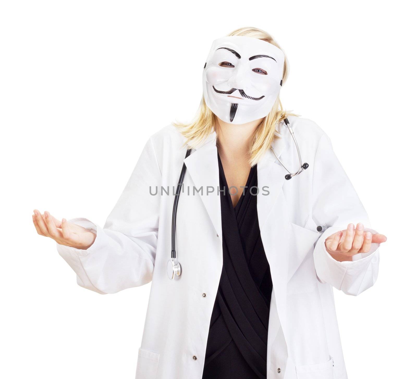 Medical doctor with a guy fawkes mask by gwolters