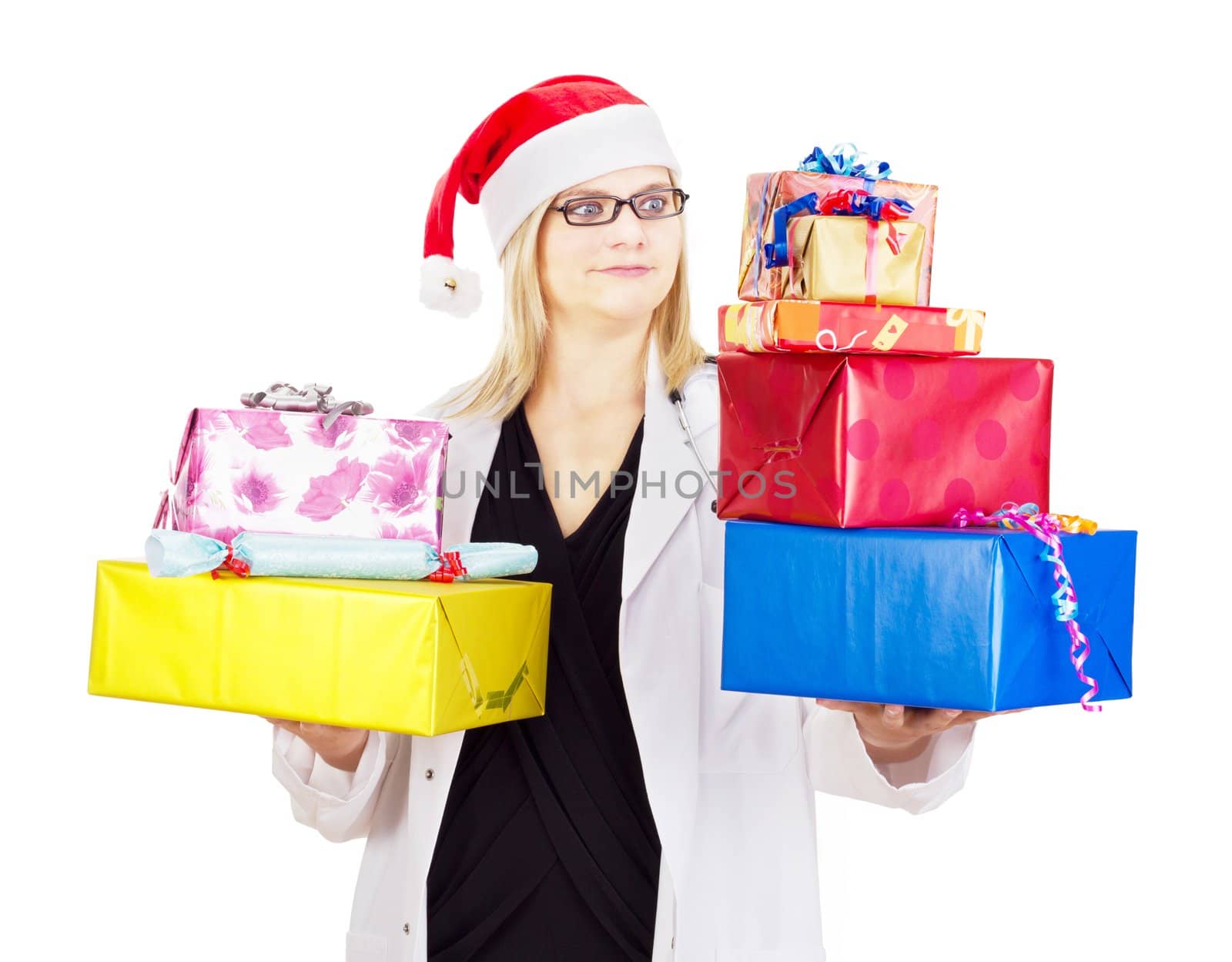 Medical doctor with a lot of christmas gifts