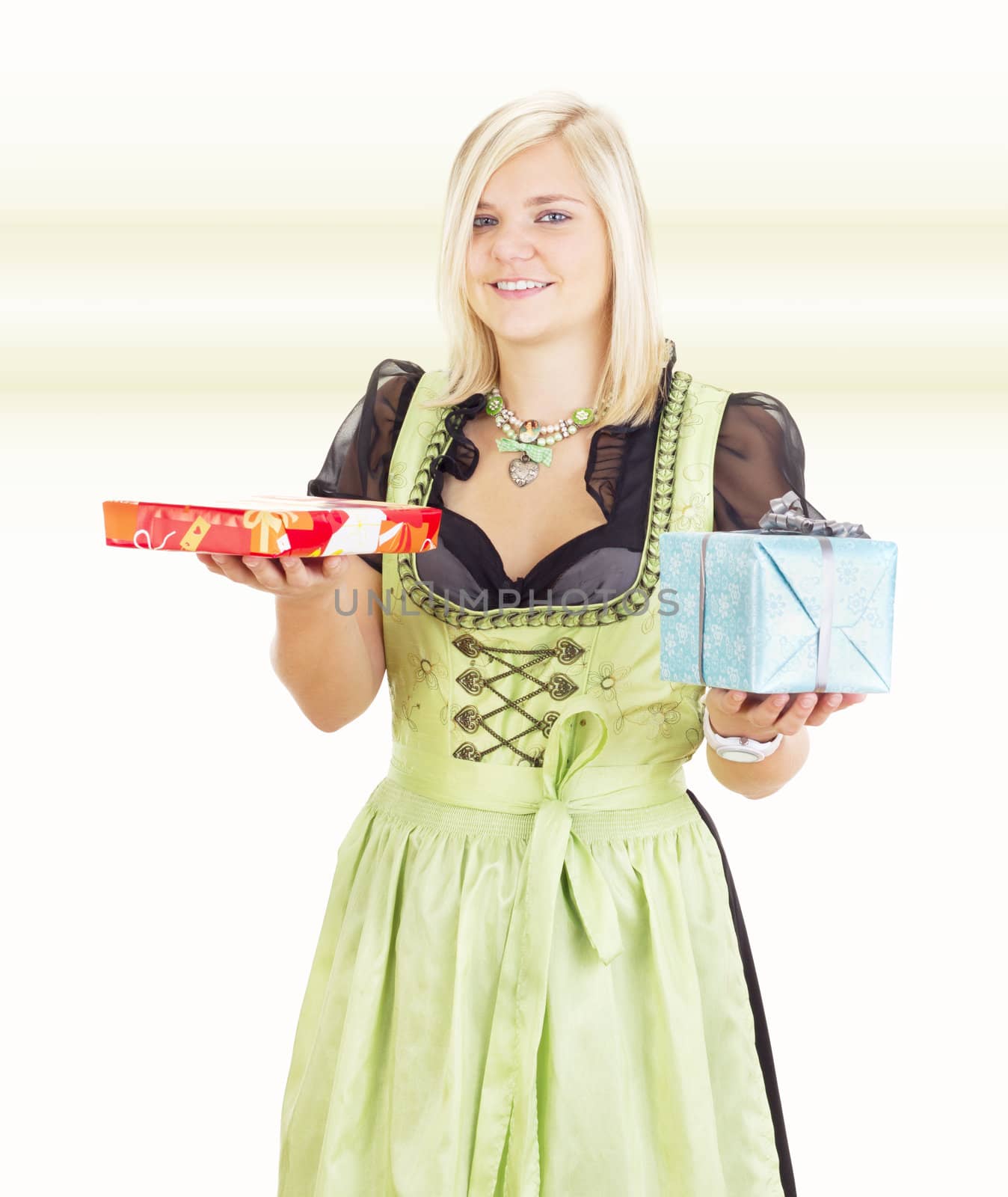 Young woman with two colorful gifts