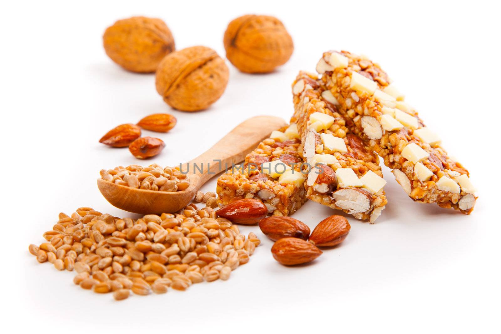 Protein bars with nuts, isolated on white background. muesli bar snack with nuts and wheat grain
