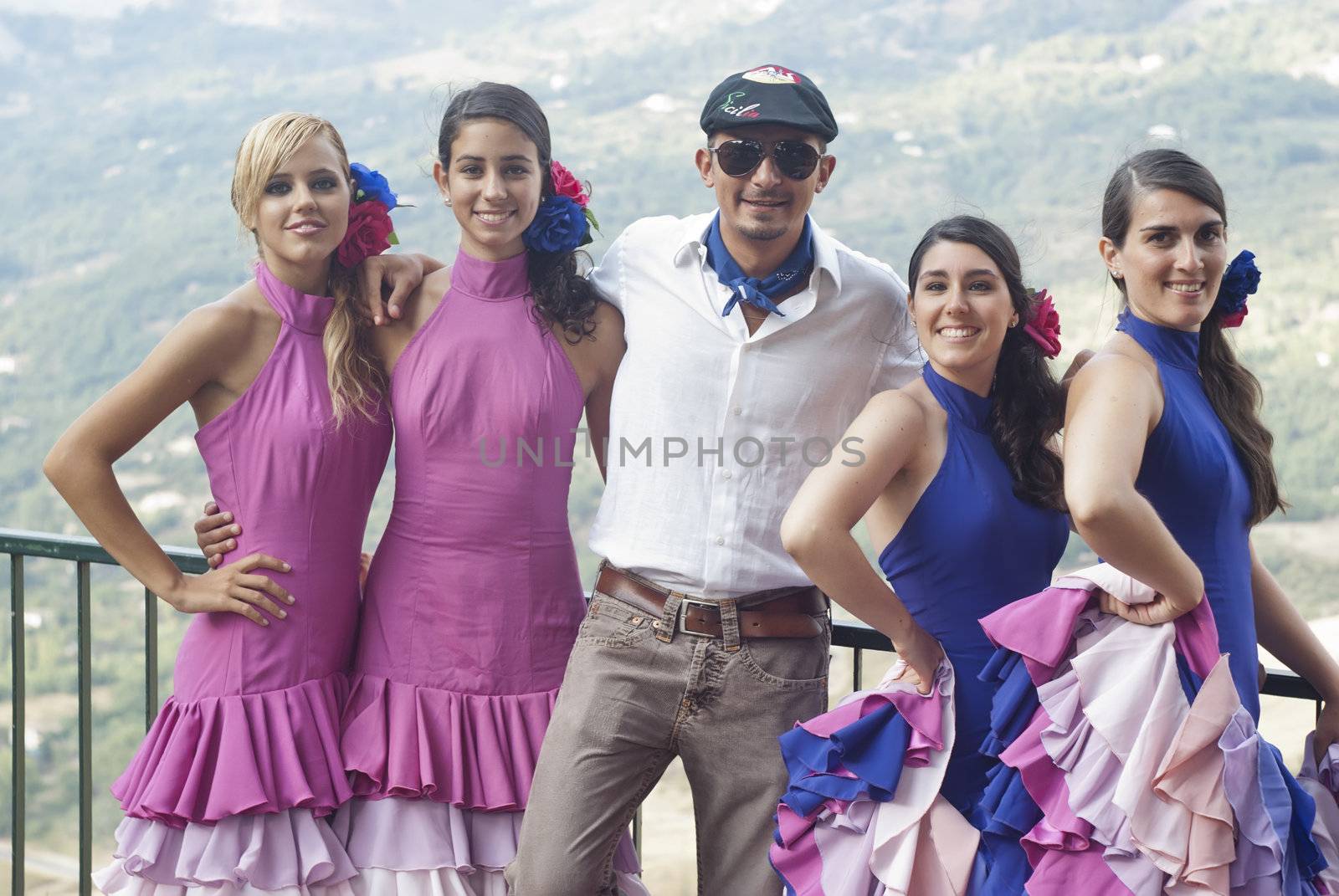 POLIZZI GENEROSA, SICILY - AUGUST 19: Beautiful Women of Spain folk group and sicilian man at the International "Festival of hazelnuts": August 19, 2012 in Polizzi Generosa,Sicily, Italy