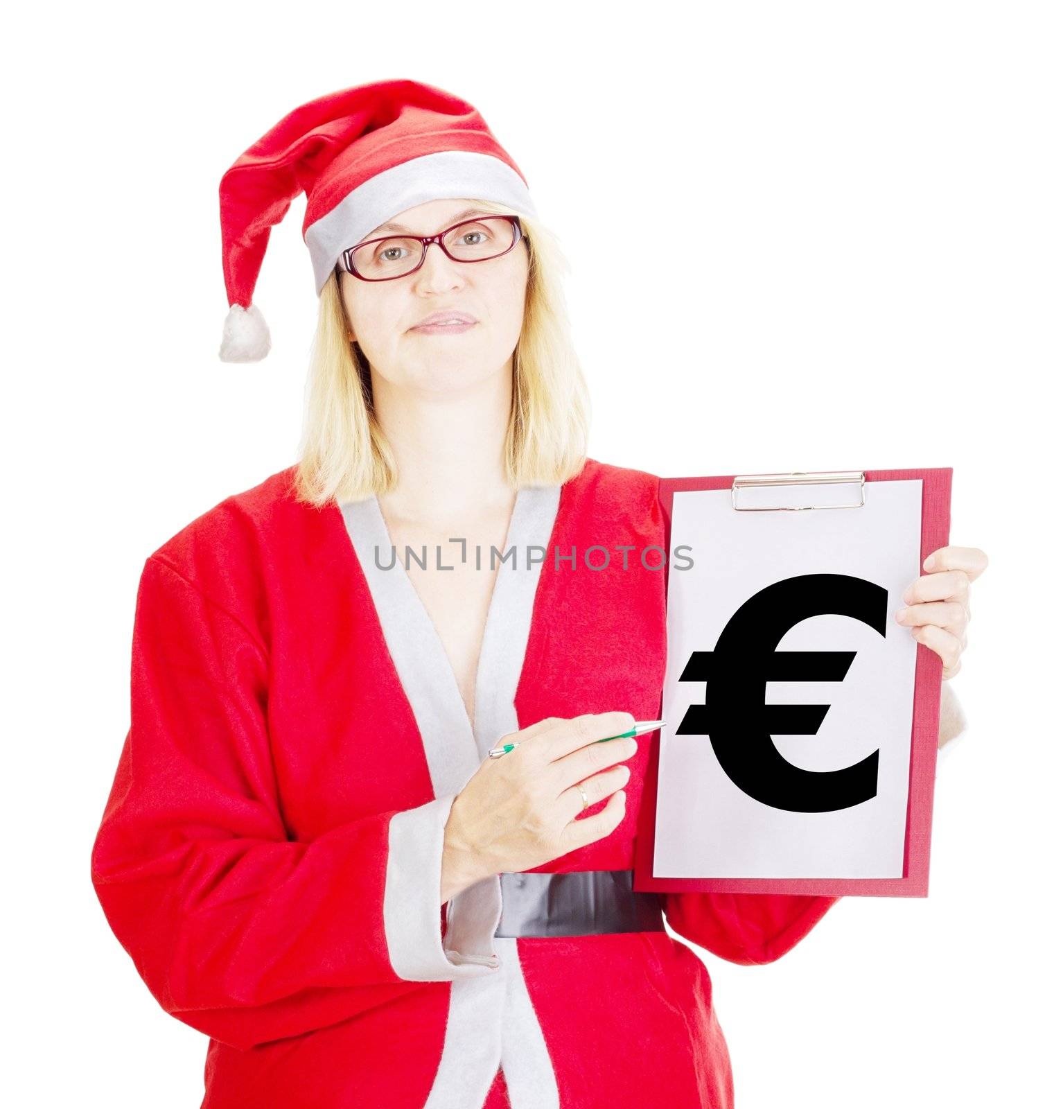 Female santa showing something on clipboard