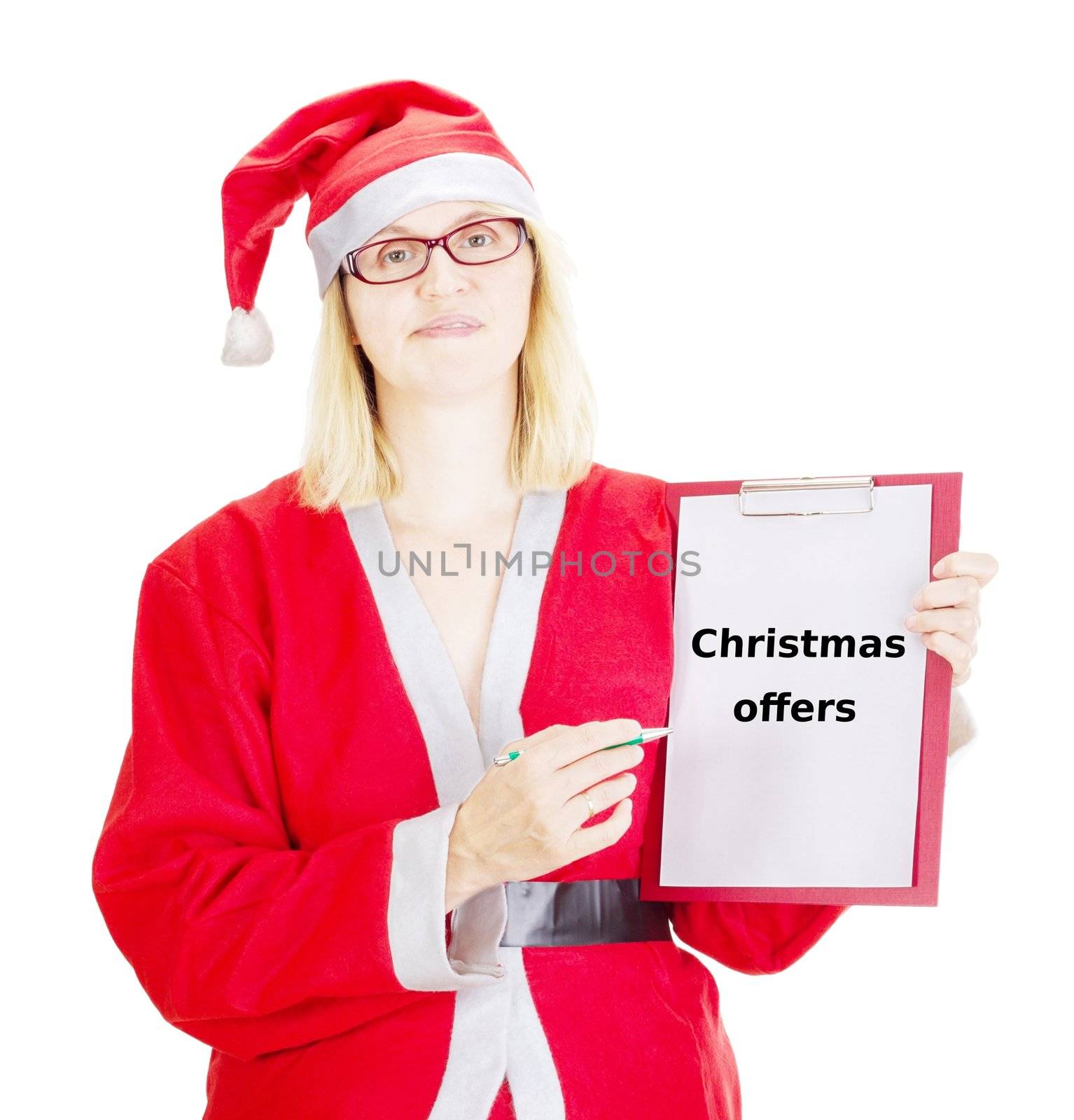 Female santa showing something on clipboard
