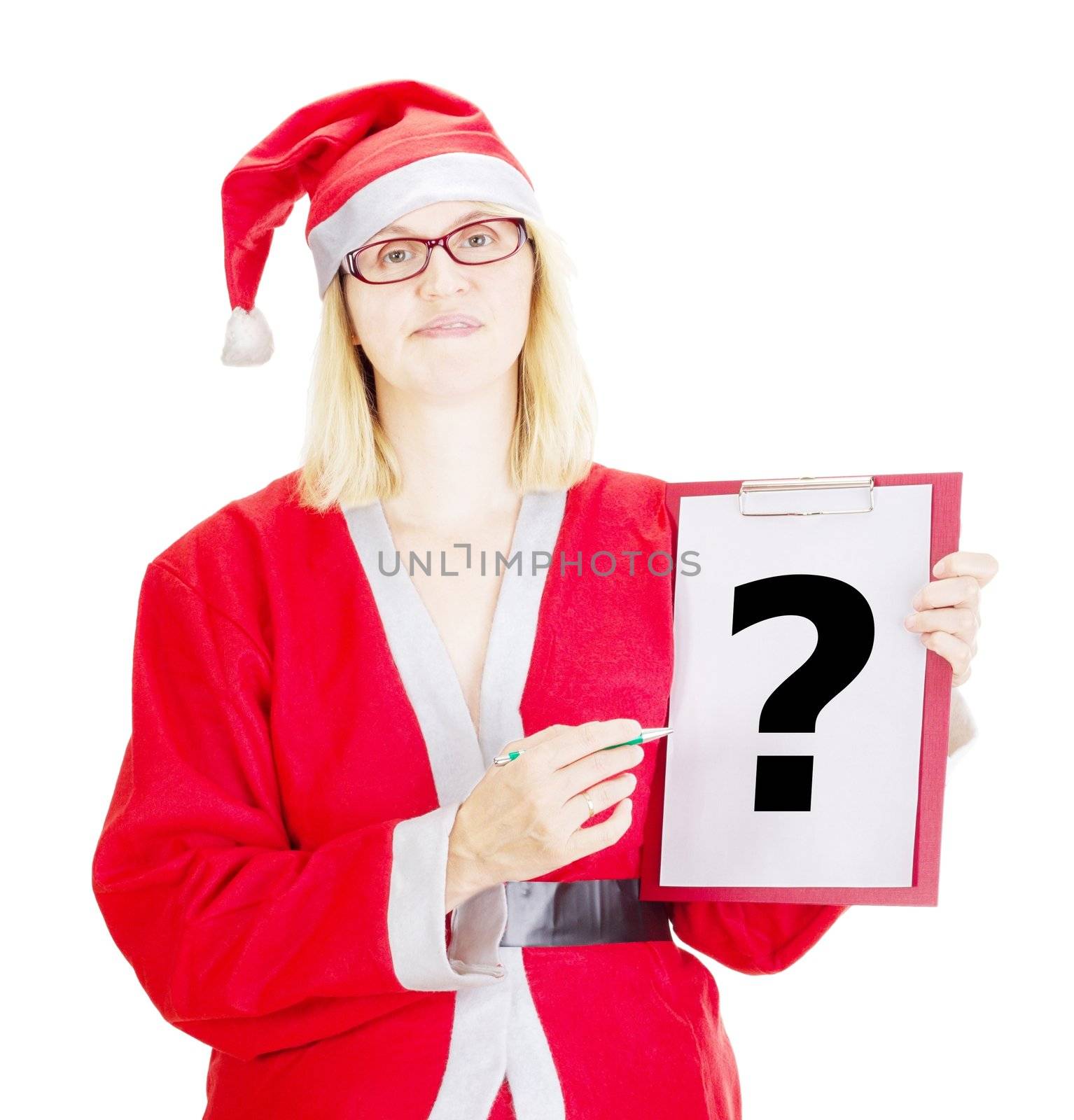 Female santa showing something on clipboard