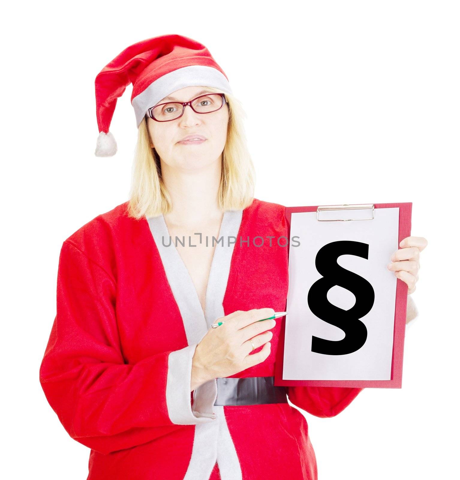 Female santa showing something on clipboard