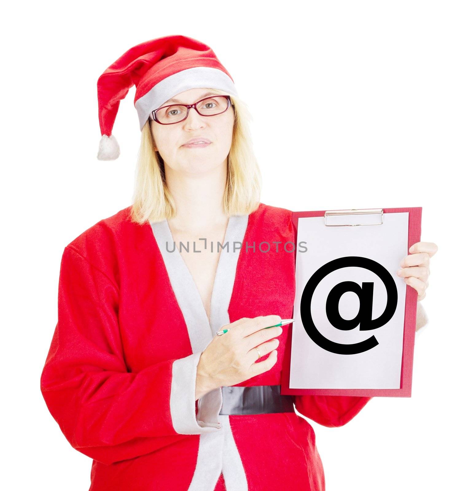 Female santa showing something on clipboard