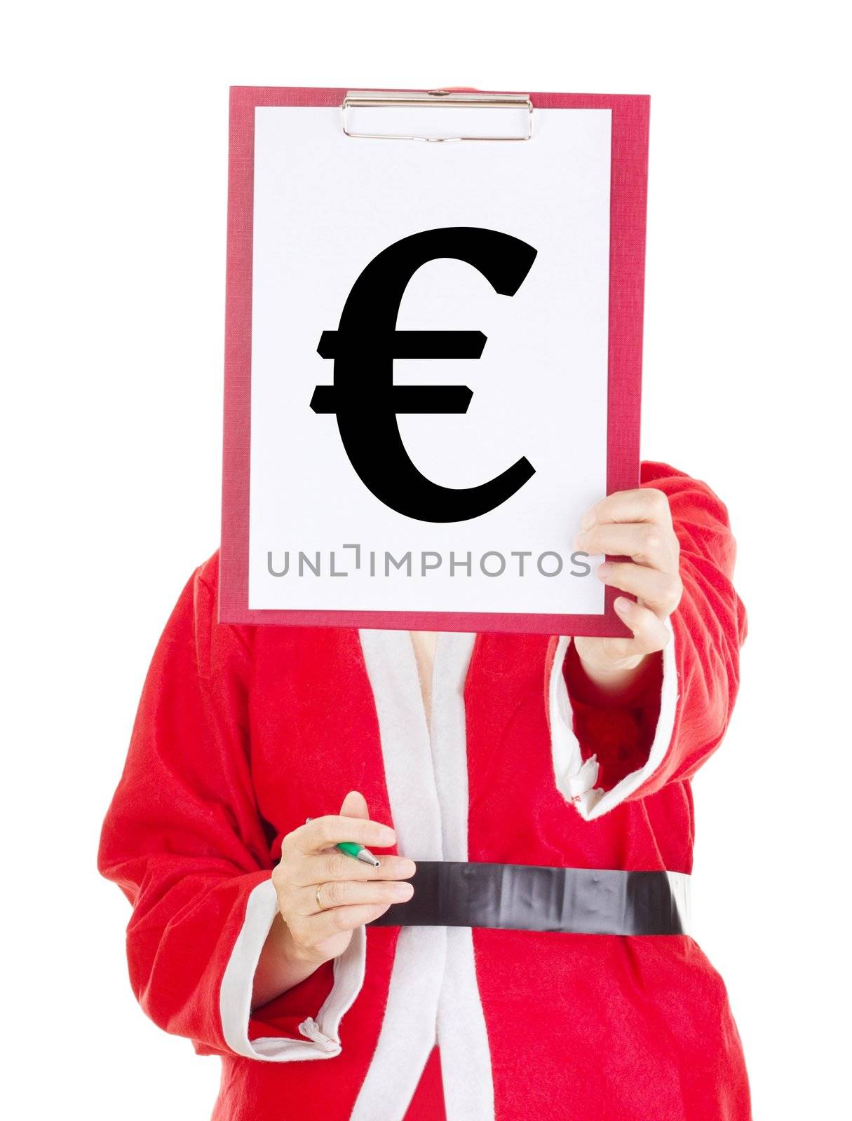 Female santa showing something on clipboard