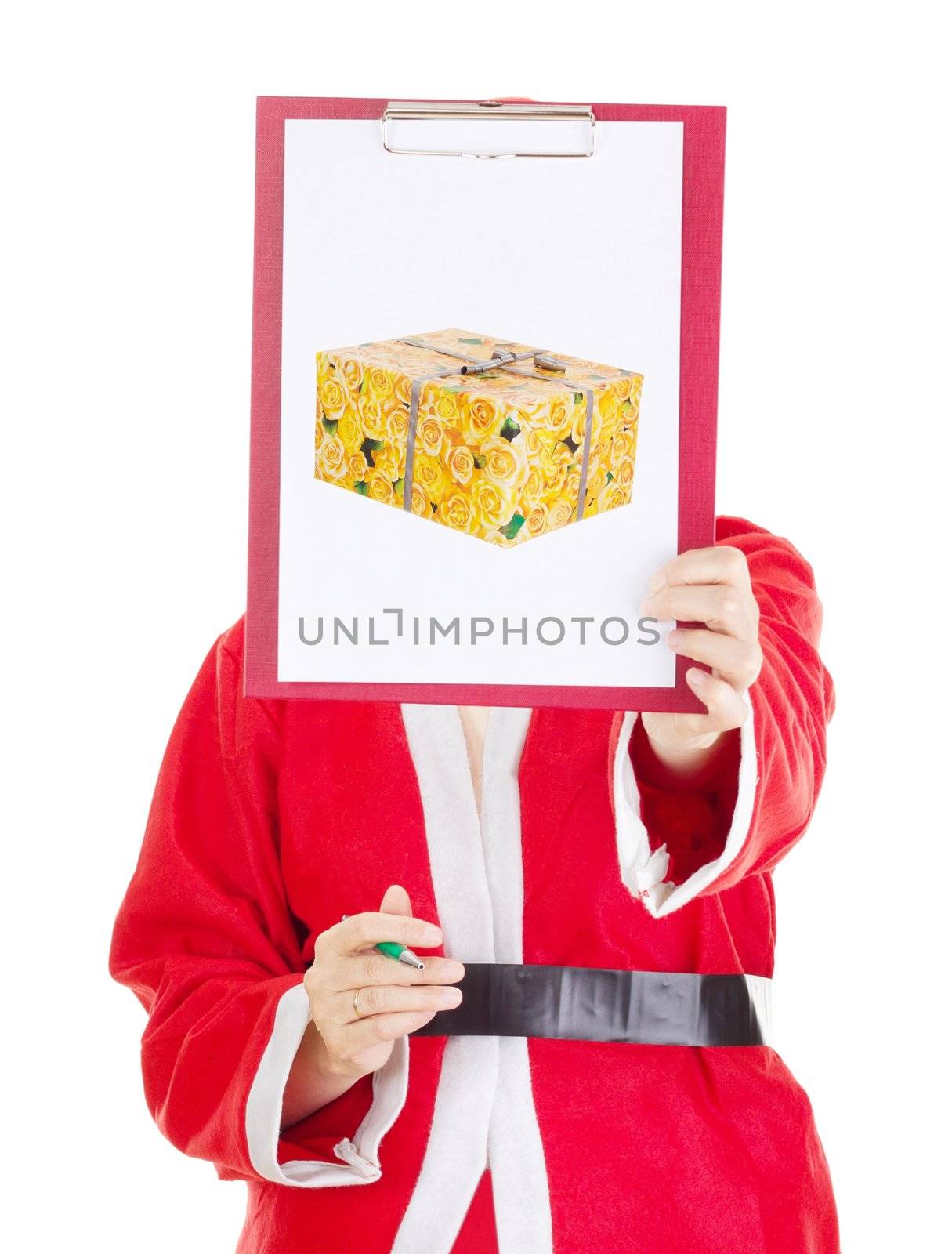 Female santa showing something on clipboard