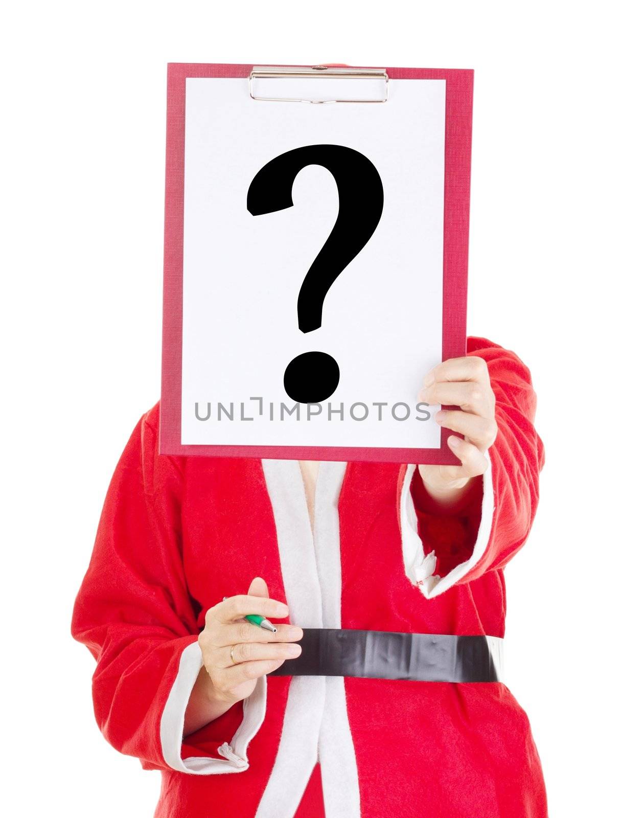 Female santa showing something on clipboard