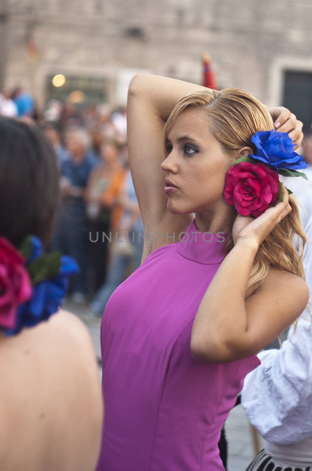 POLIZZI GENEROSA, SICILY-AUGUST 19:Beautiful Woman of Spain folk group at the International "Festival of hazelnuts",dance and parade through the city:August 19, 2012 in Polizzi Generosa,Sicily, Italy