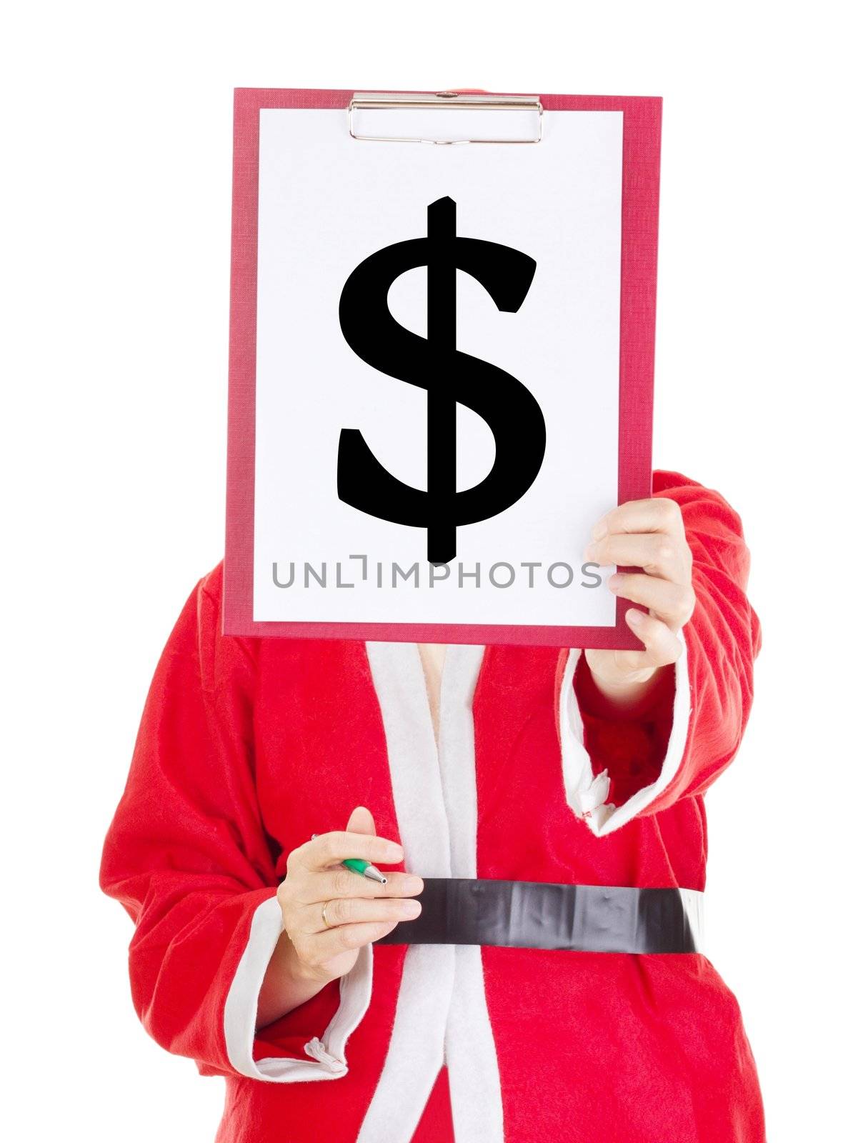 Female santa showing something on clipboard