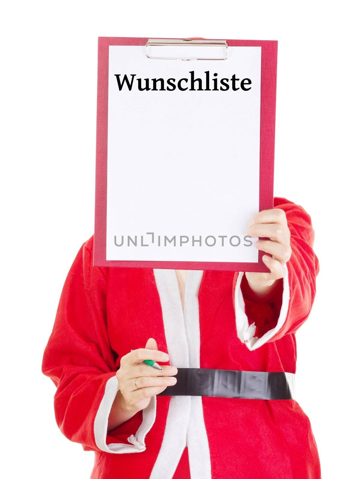 Female santa showing something on clipboard