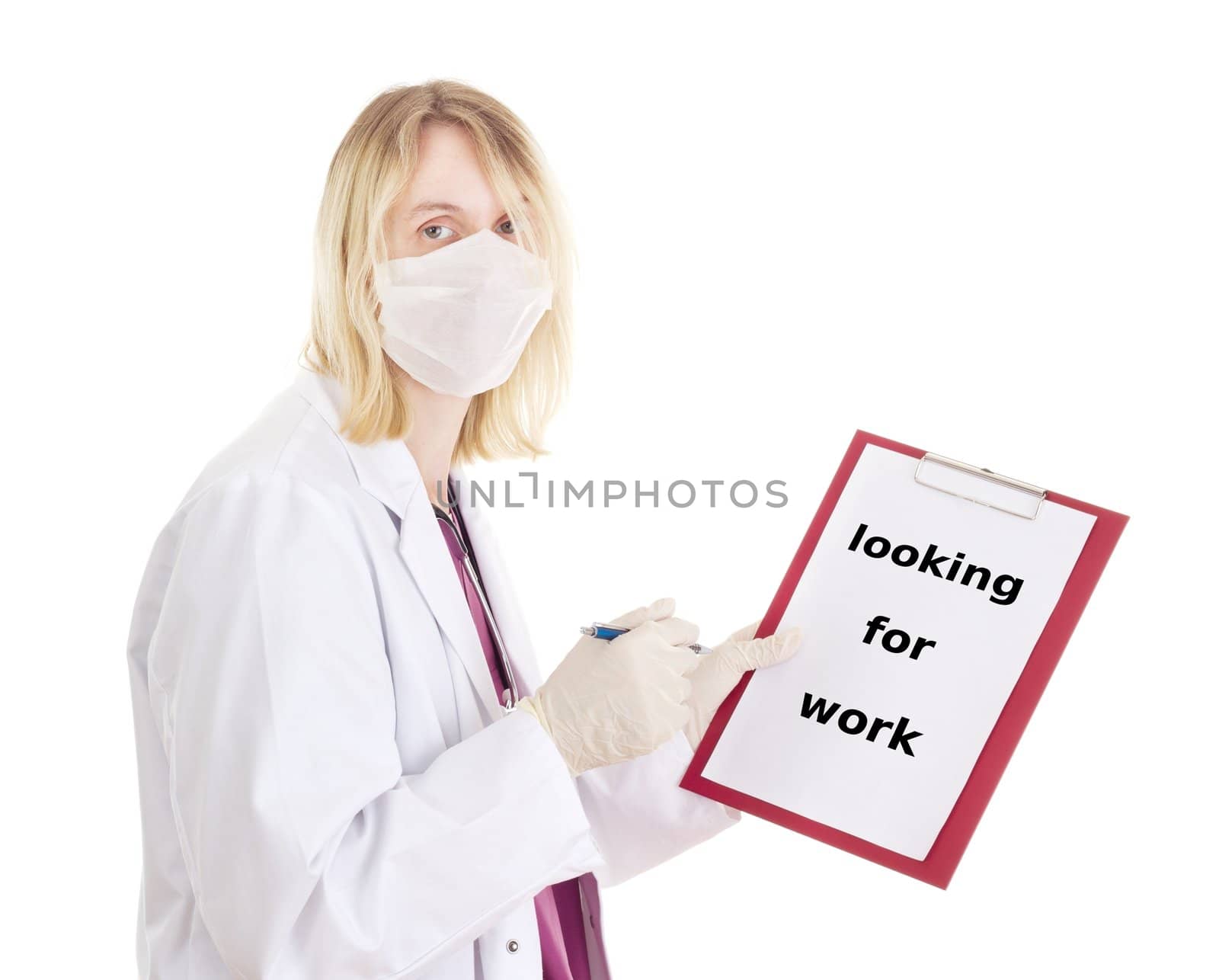 Medical doctor with clipboard: looking for work