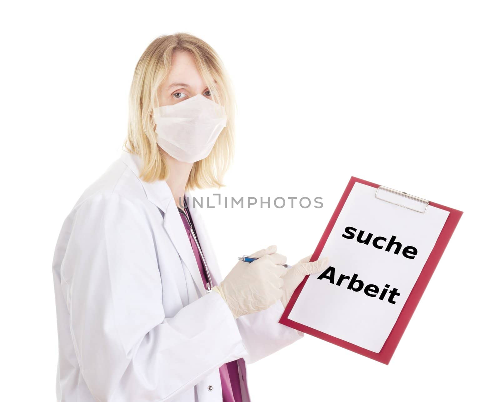 Medical doctor with clipboard: looking for work