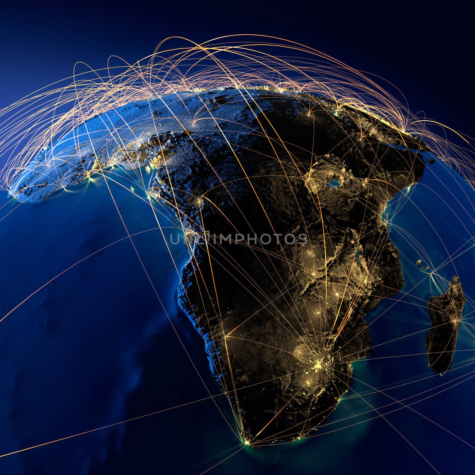 Highly detailed planet Earth at night with embossed continents, illuminated by light of cities, translucent and reflective ocean. Earth is surrounded by a luminous network, representing the major air routes based on real data