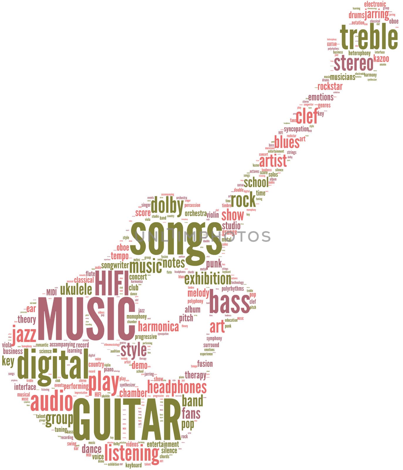 Classic guitar music tag cloud on a white background