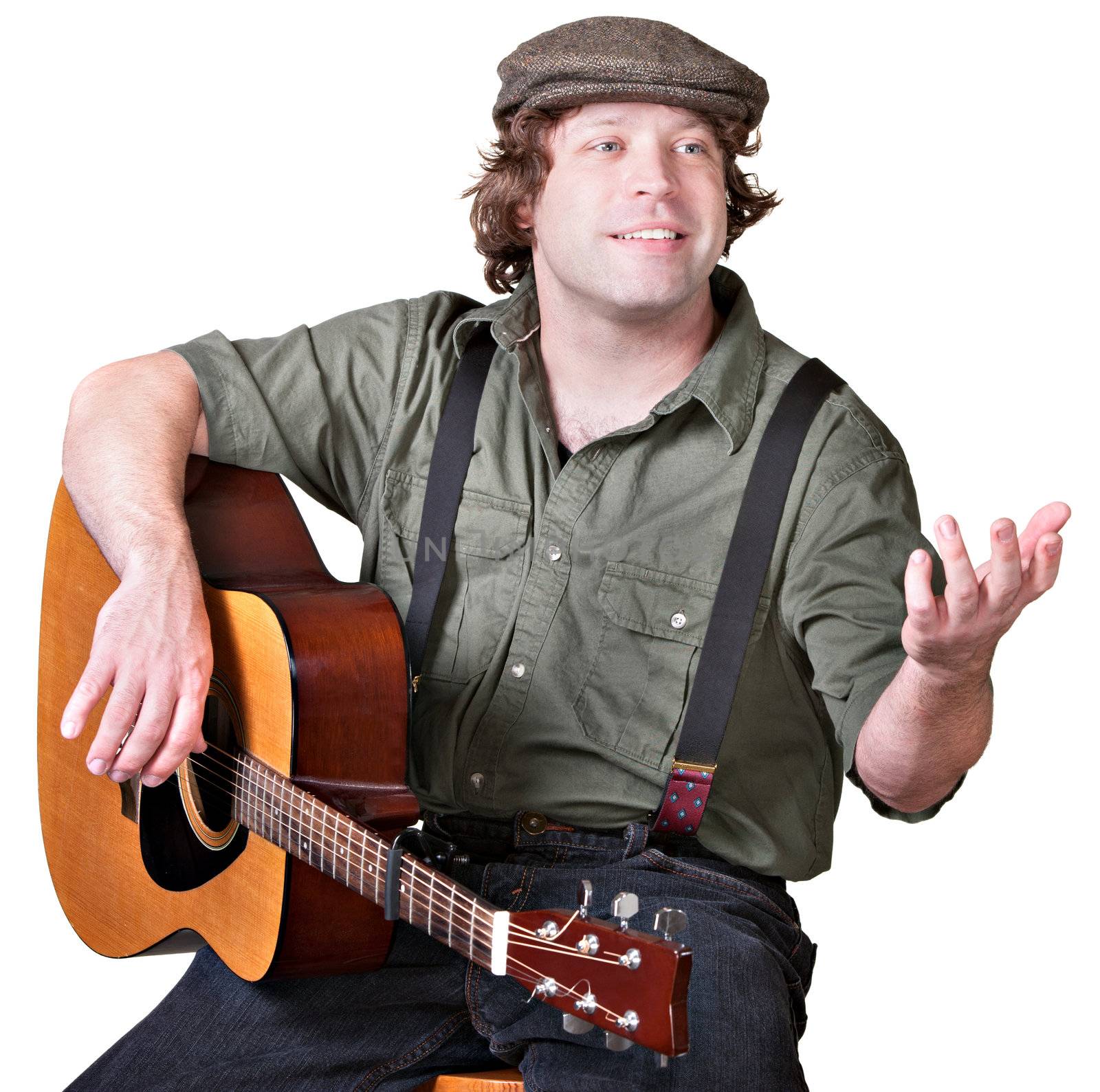 Cheerful guitar player with arm extended on isolated background