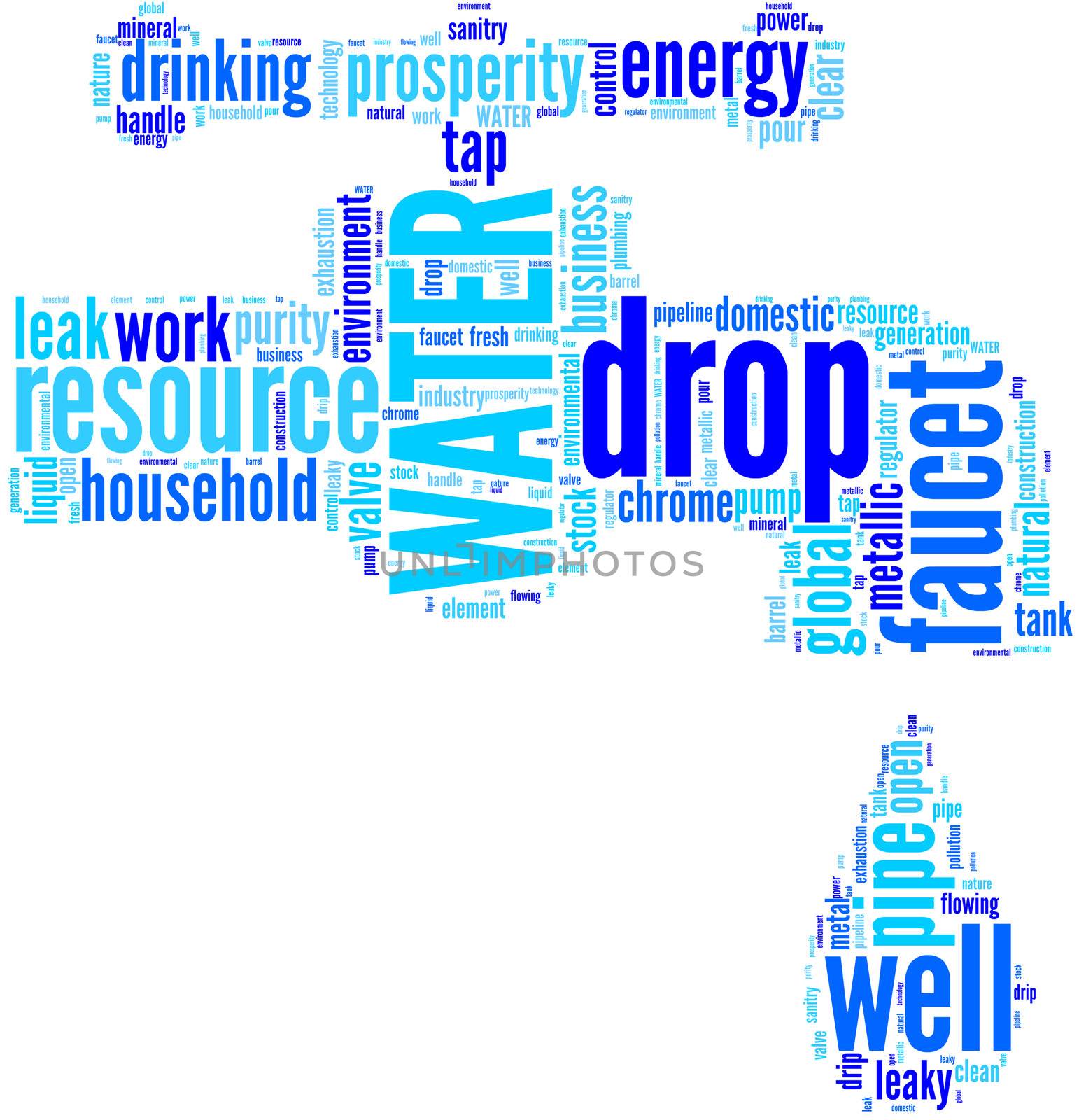 Water faucet tag cloud with blue words on a white background