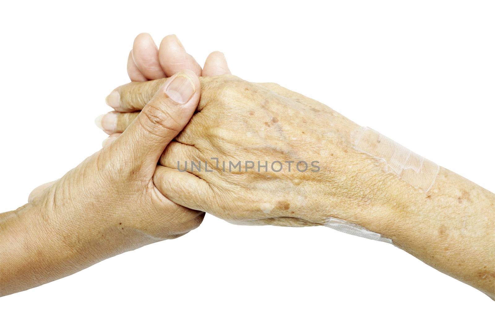 Woman Comforting
Hand with Old woman isolate on white background