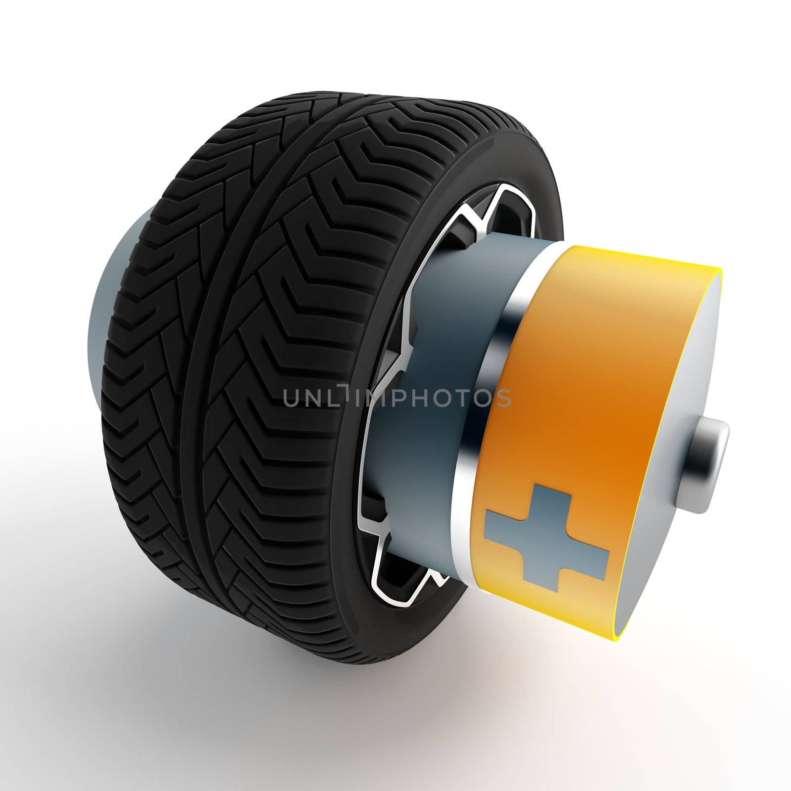 wheel of a car with an attached battery on a white background