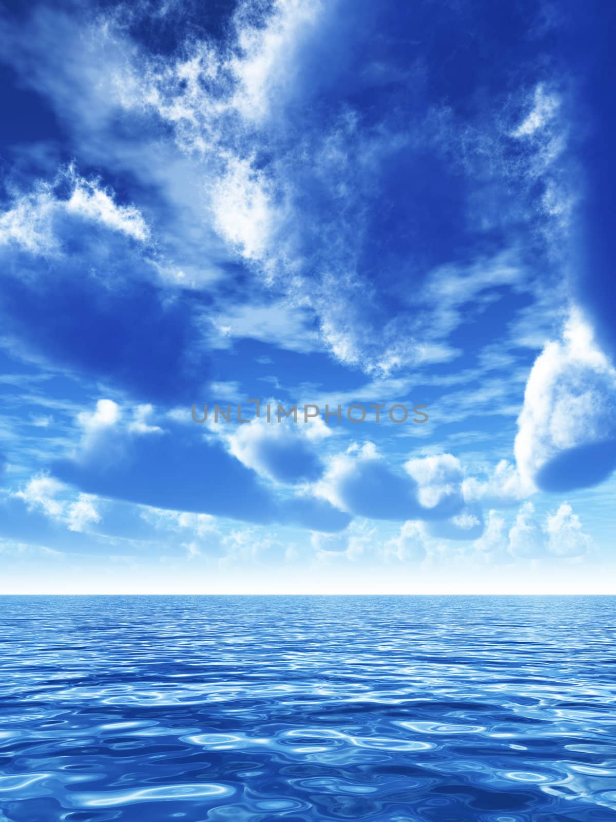 cloudy blue sky leaving for horizon above a blue surface of the sea by Serp