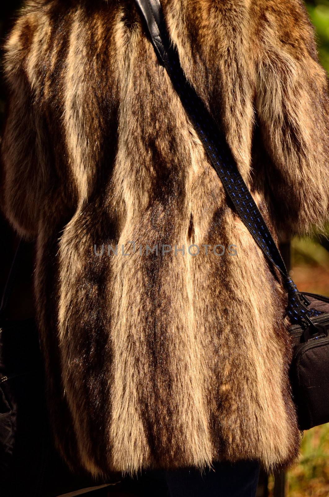 Coat designed with vertical lines of brown and tan fur