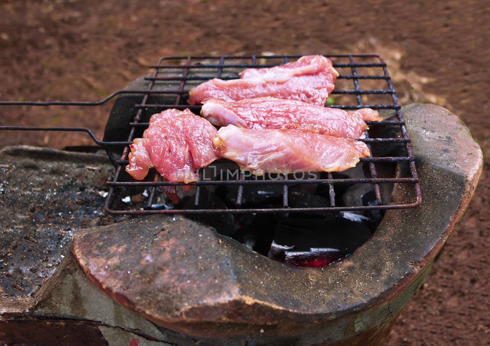 Traditional charcoal-grilled meat on the ground