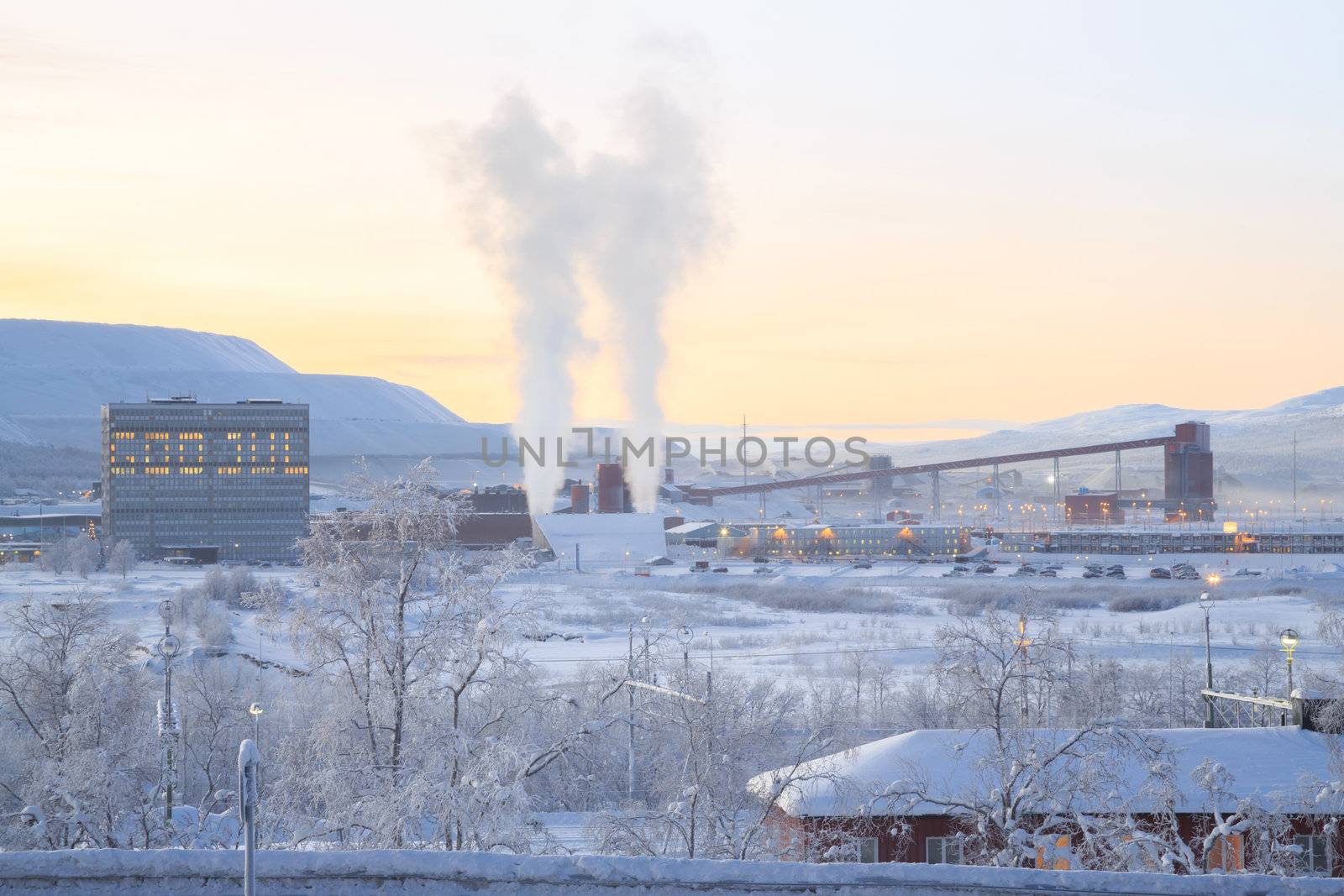 Iron ore Refinery Factory Plant in winter Kiruna Sweden