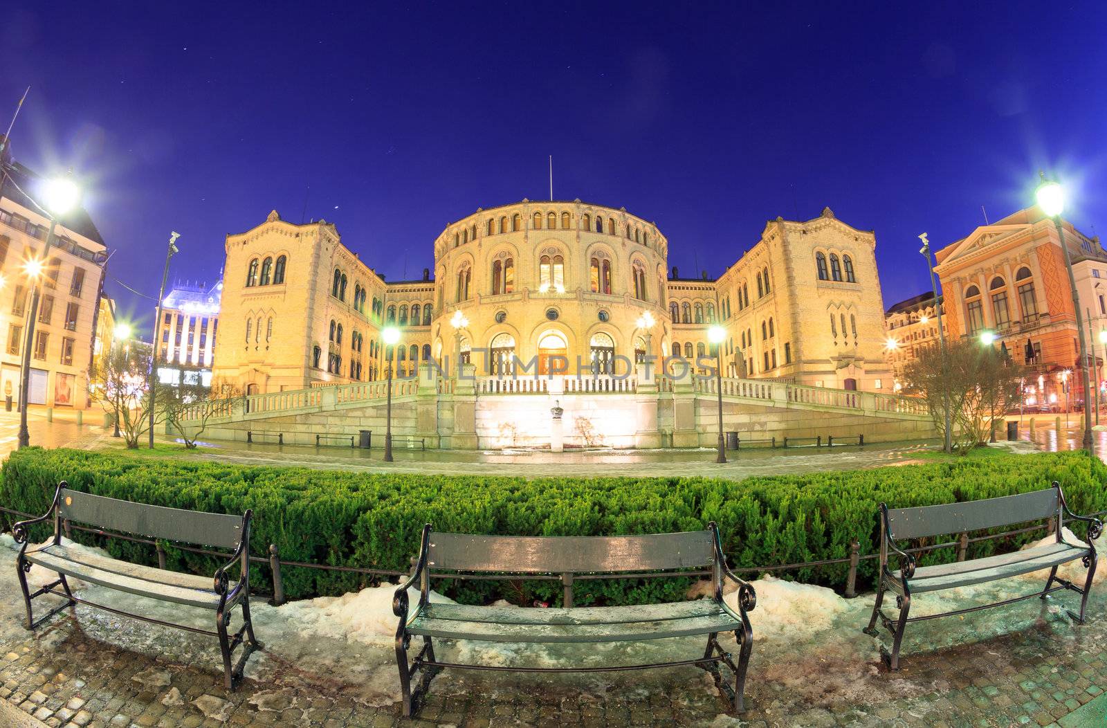 Oslo Stortinget Parliament at dusk Norway