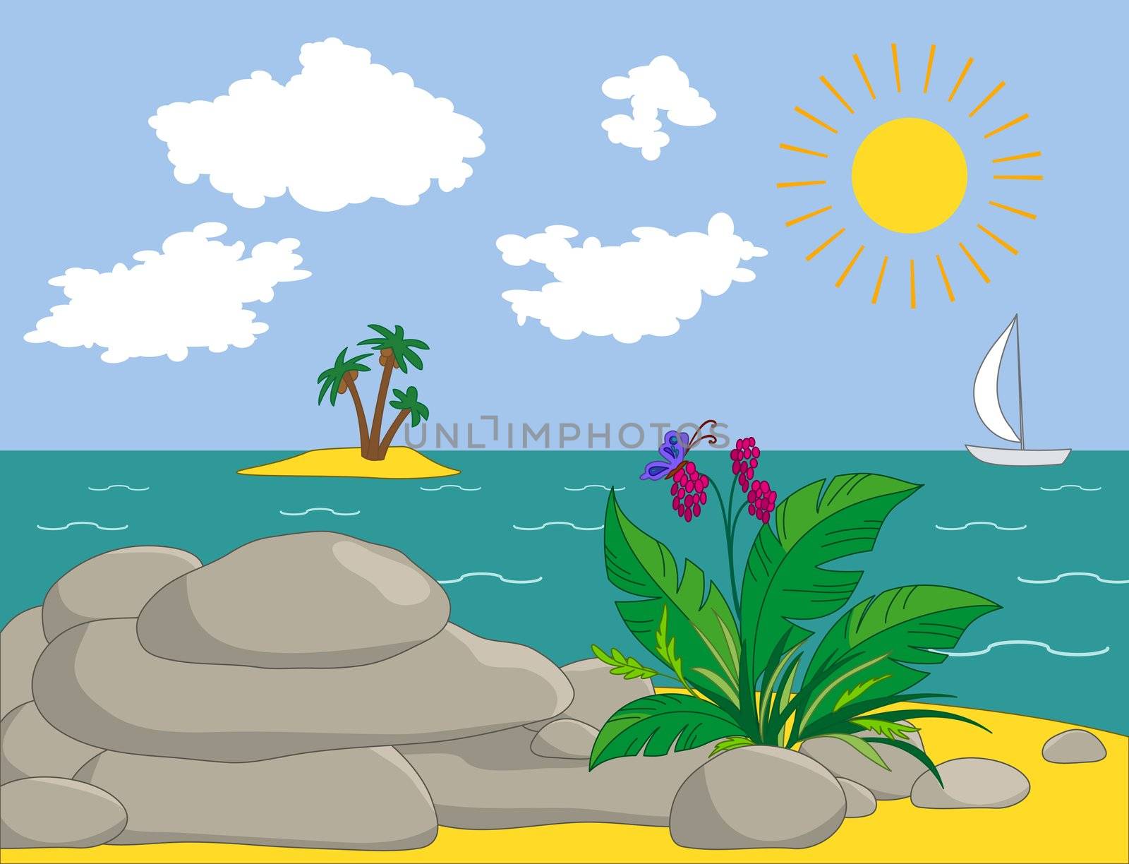 Landscape, ocean shore, stones and an exotic plant.
