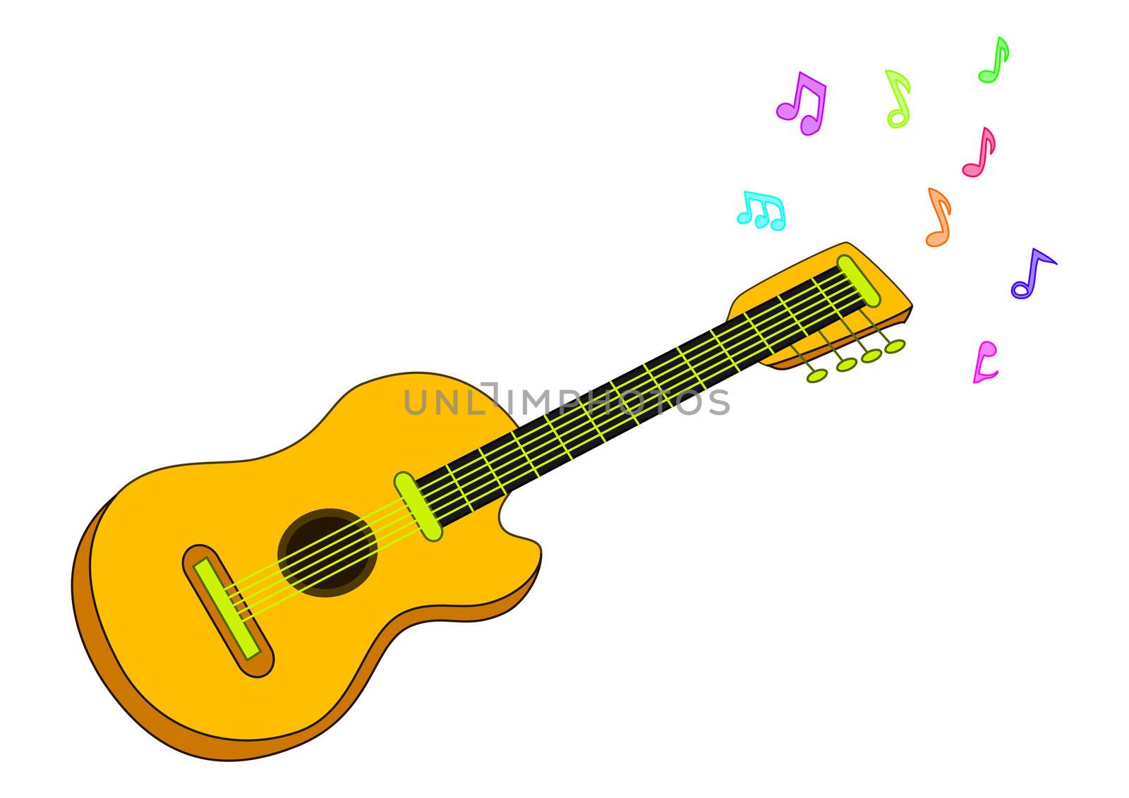 Musical instrument: acoustic guitar and colored notes.