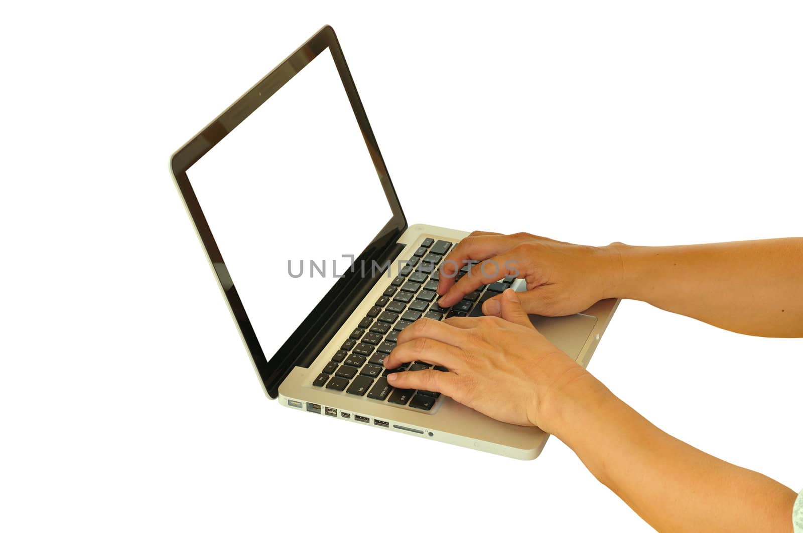 Hand of Business man and Laptop isolated on white