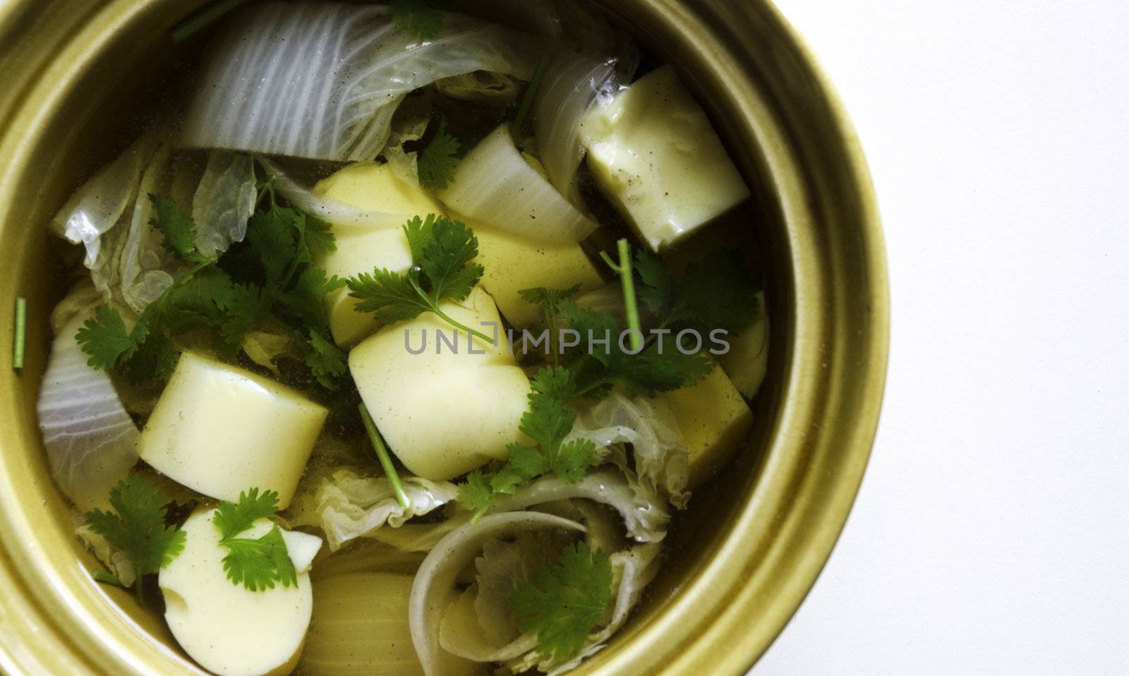 Thai food, famous tofu soup with vegetables and pork 