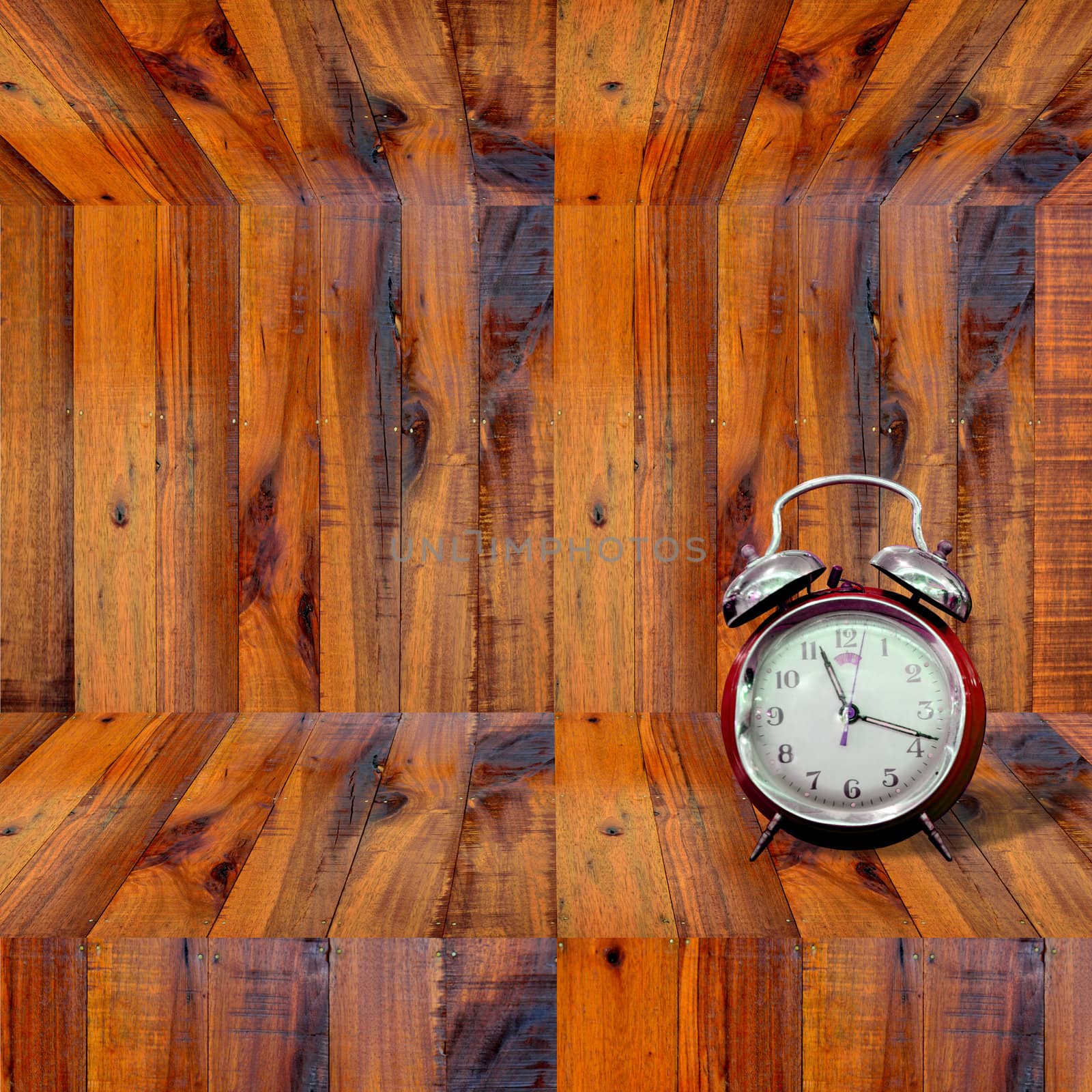 Clock inside wooden shelf, Time concept