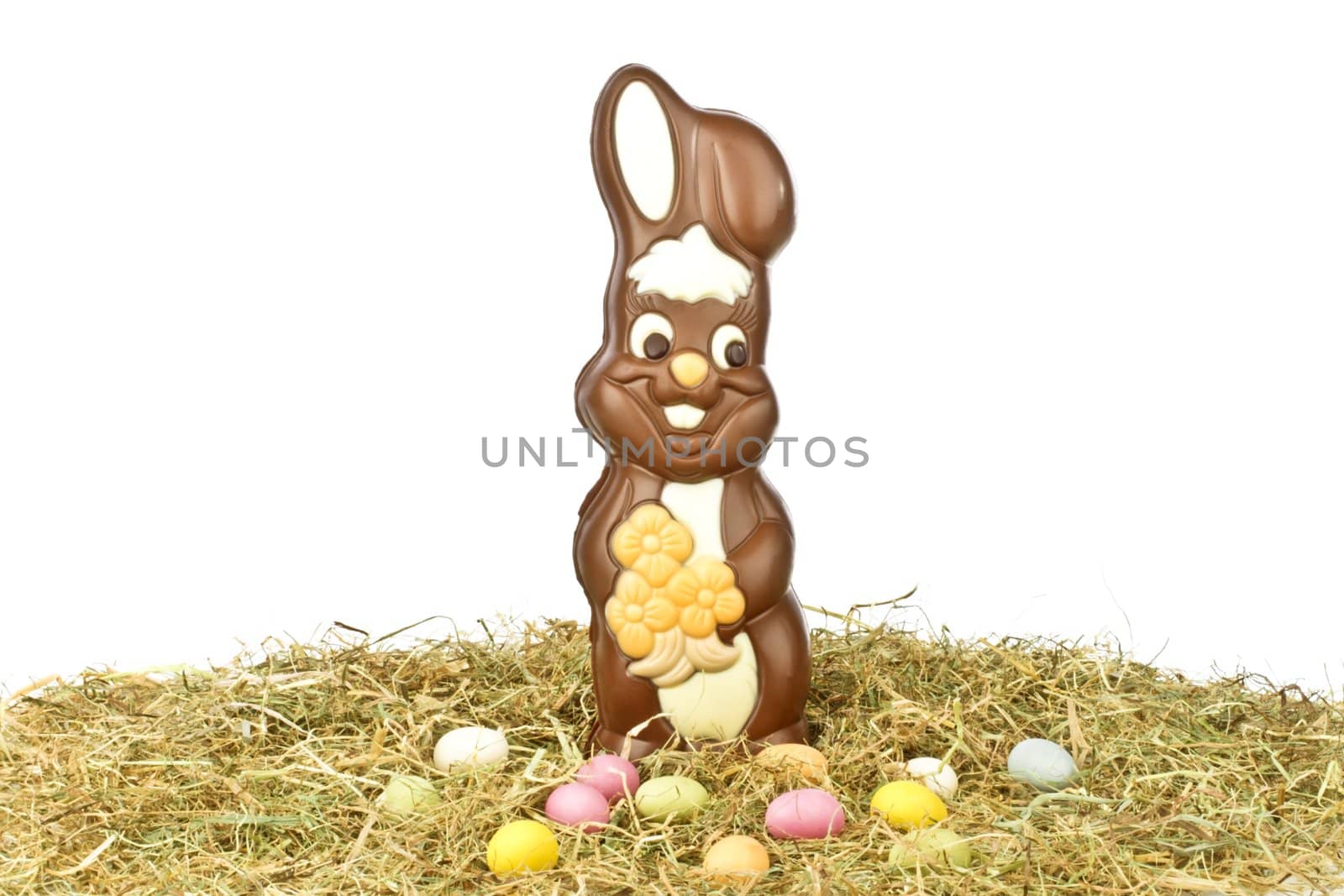 Easter bunny with colored eggs in straw