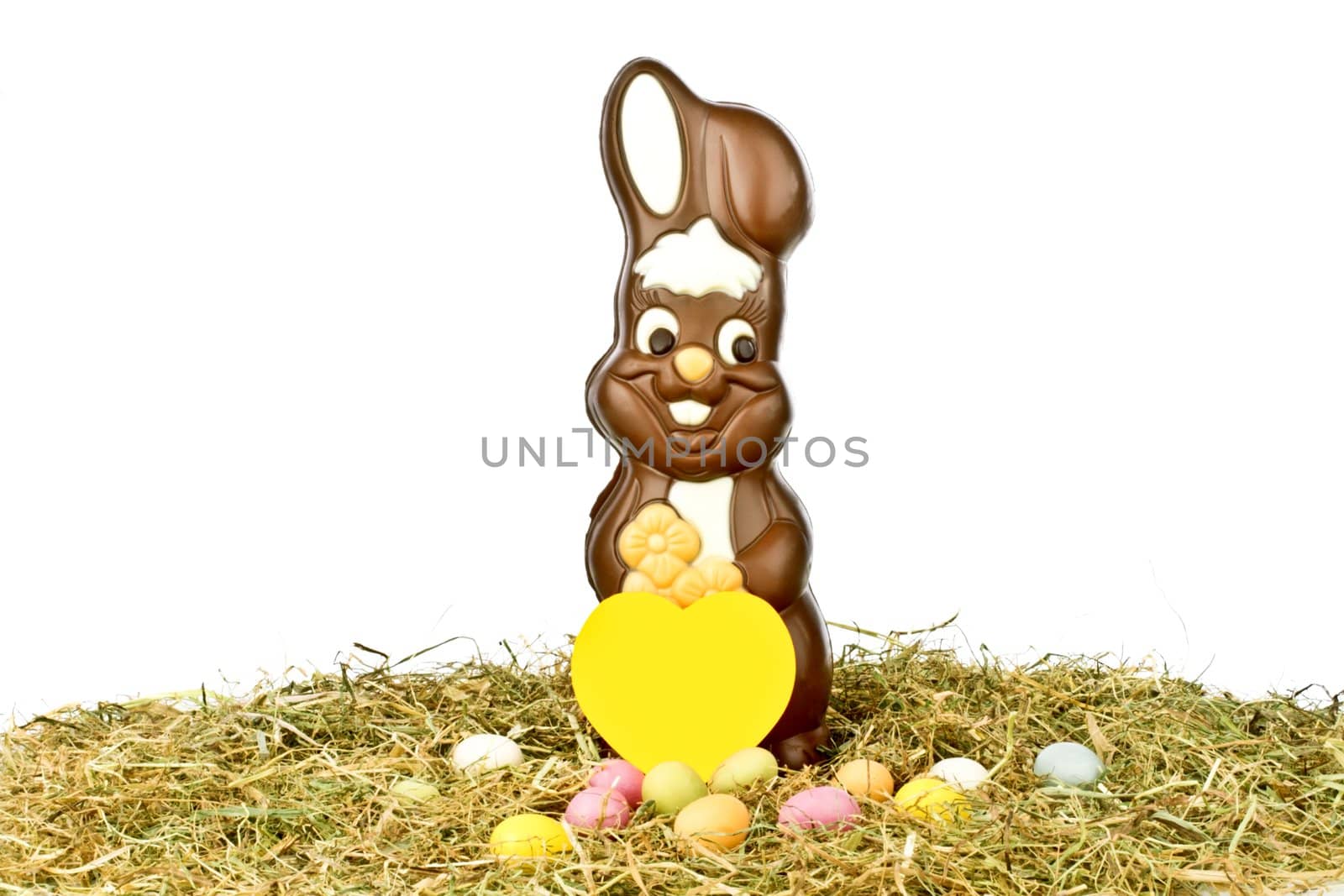 Easter bunny with colored eggs in straw and a yellow paper tag