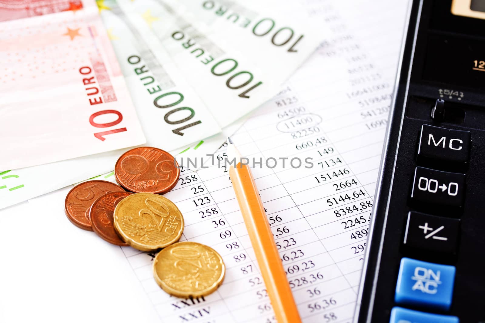 Euro coins and banknotes with a calculator isolated on white background