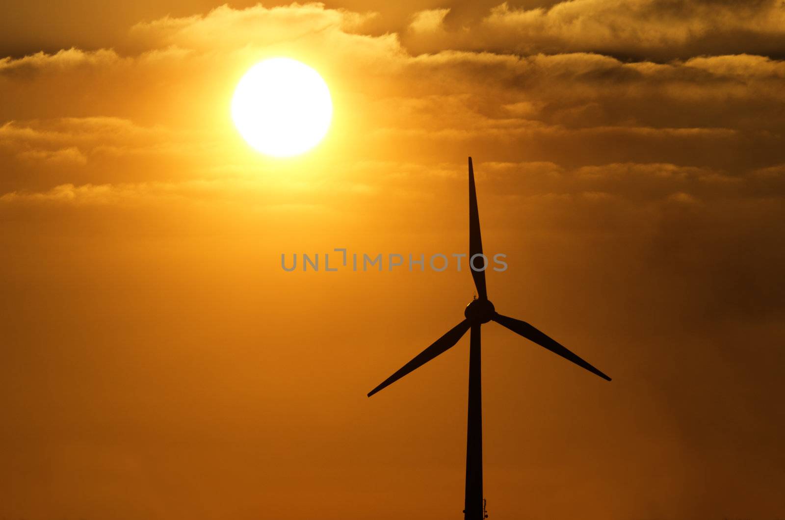 The wind and the sun are the most important sources of regenerative energy. The light of the setting sun gives the picture an agreeable warmth.