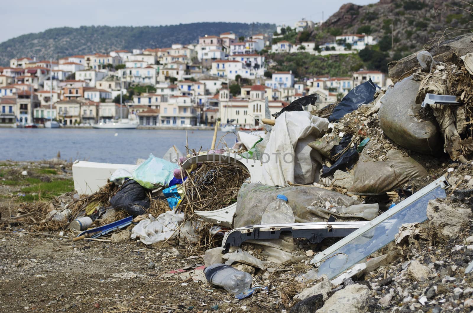 A big pile of rubbish in a tourist paradise on the Greek islands.