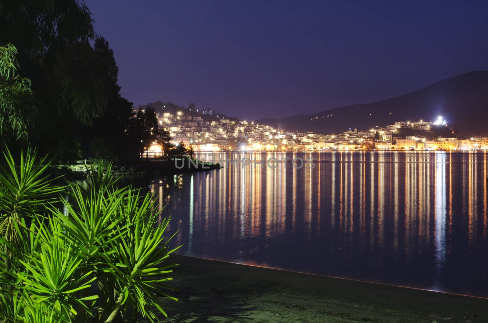 Nighttime shot of Poros in greece.
