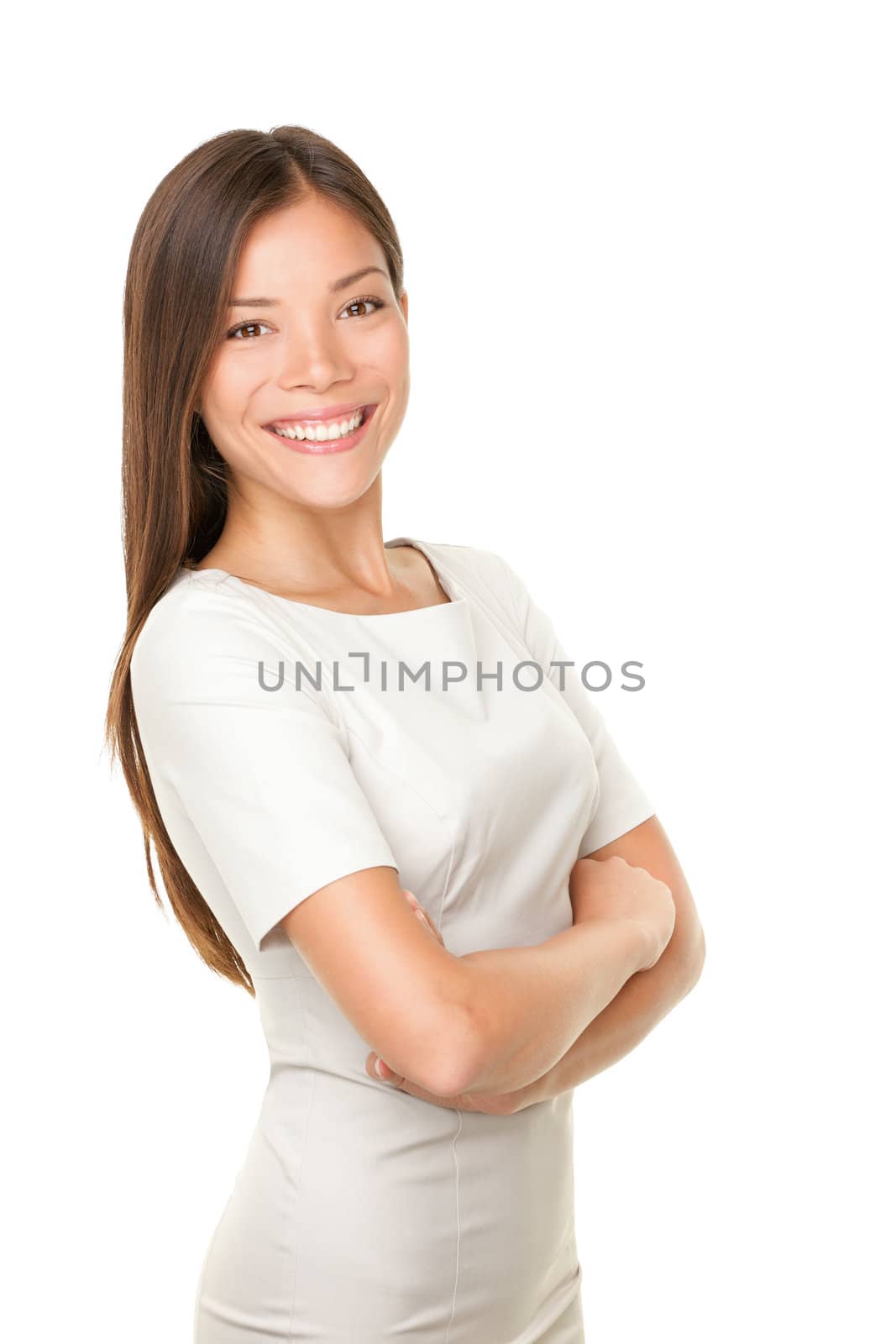 Asian woman portrait smiling happy with arms crossed proud. Young casual female professional businesswoman isolated on white background. Multicultural Asian / Caucasian model.