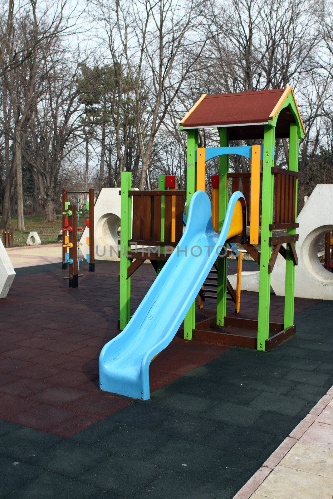 Climbing frame in town park, shallow dof