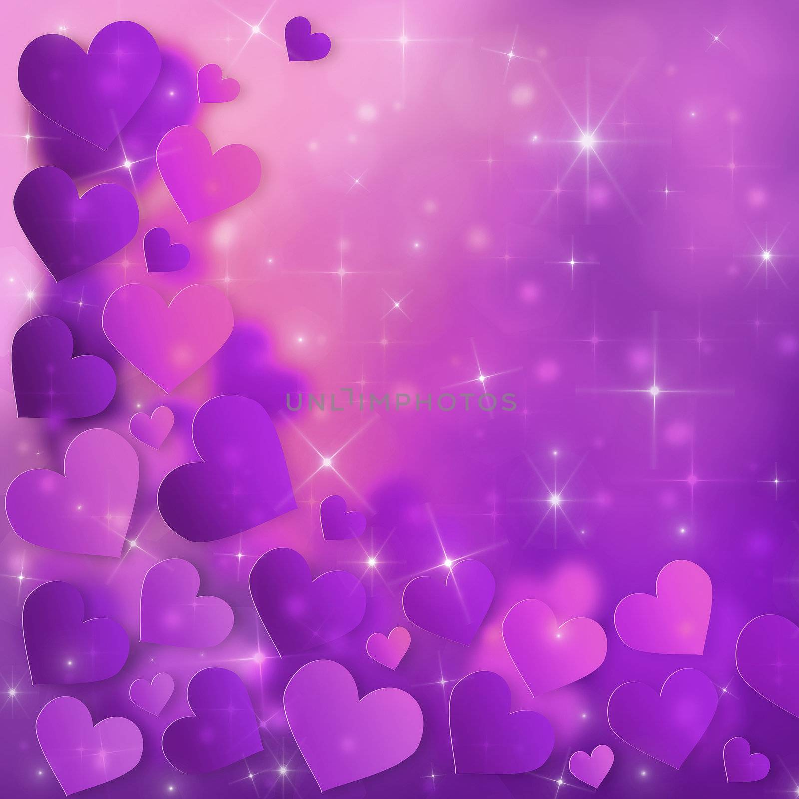 Valentine`s Day Card with purple hearts and stars
