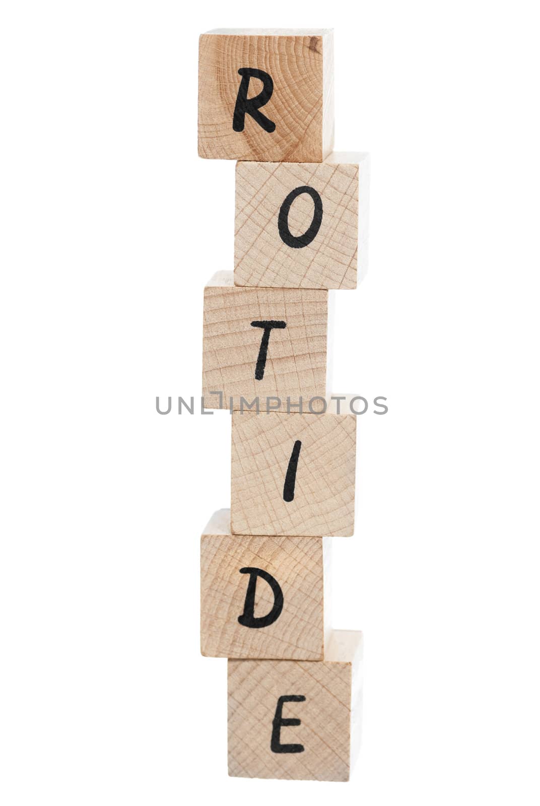 Editor spelt out backwords using wooden blocks on white background.