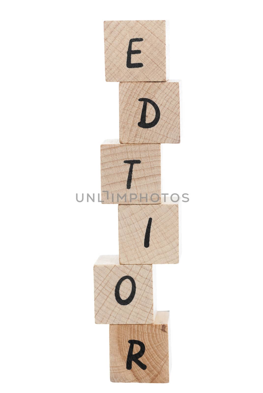 Editor misspelled using wooden blocks on white background.