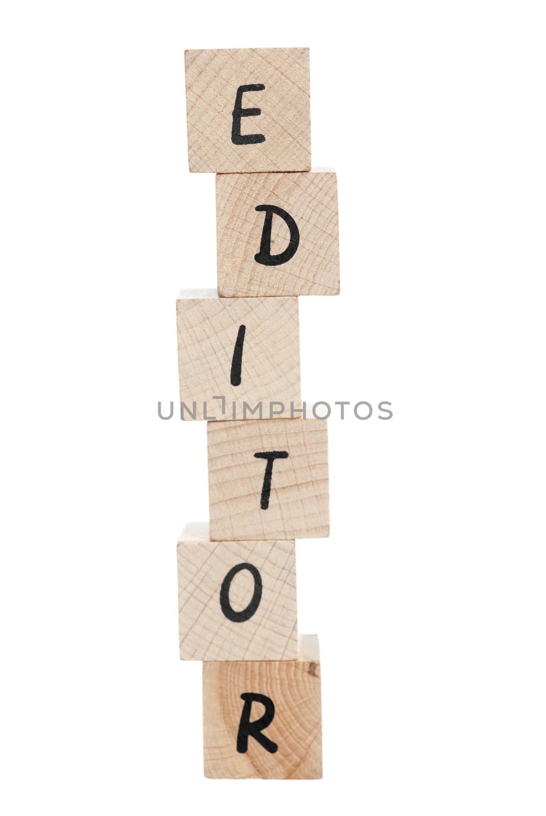 Editor spelt out using wooden blocks on white background.