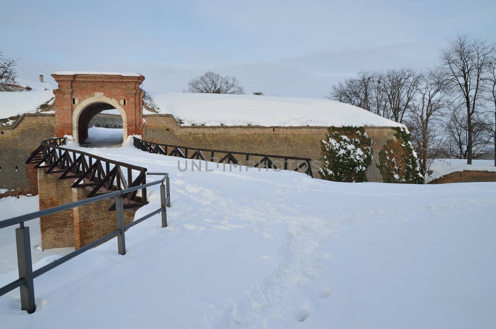 Detail of Peterwaradein fortress covered with snow