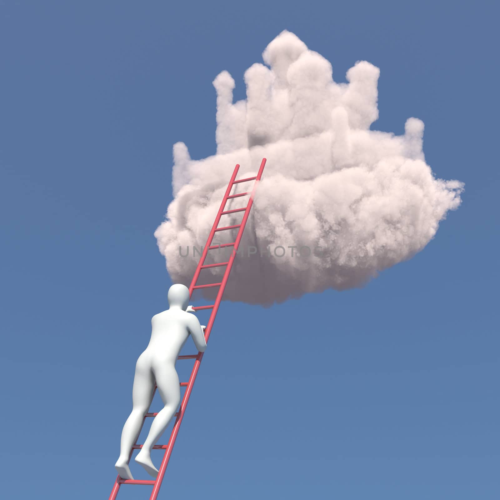 Abstract white man climbs to the cloud castle in the sky