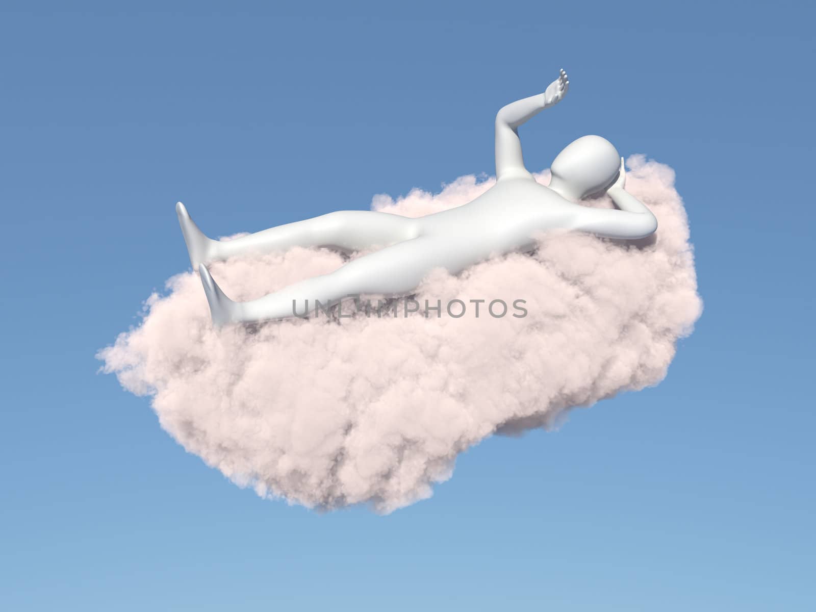 Abstract white man relaxing on a cloud in the sky