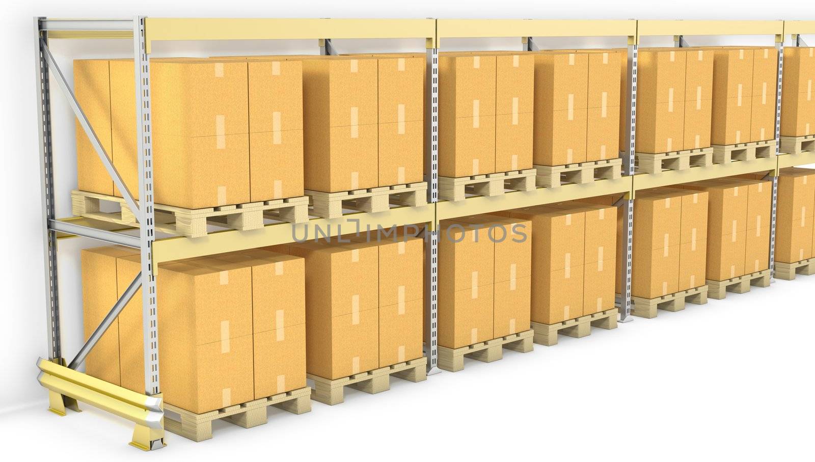 Row of pallet racks with boxes, isolated on white background